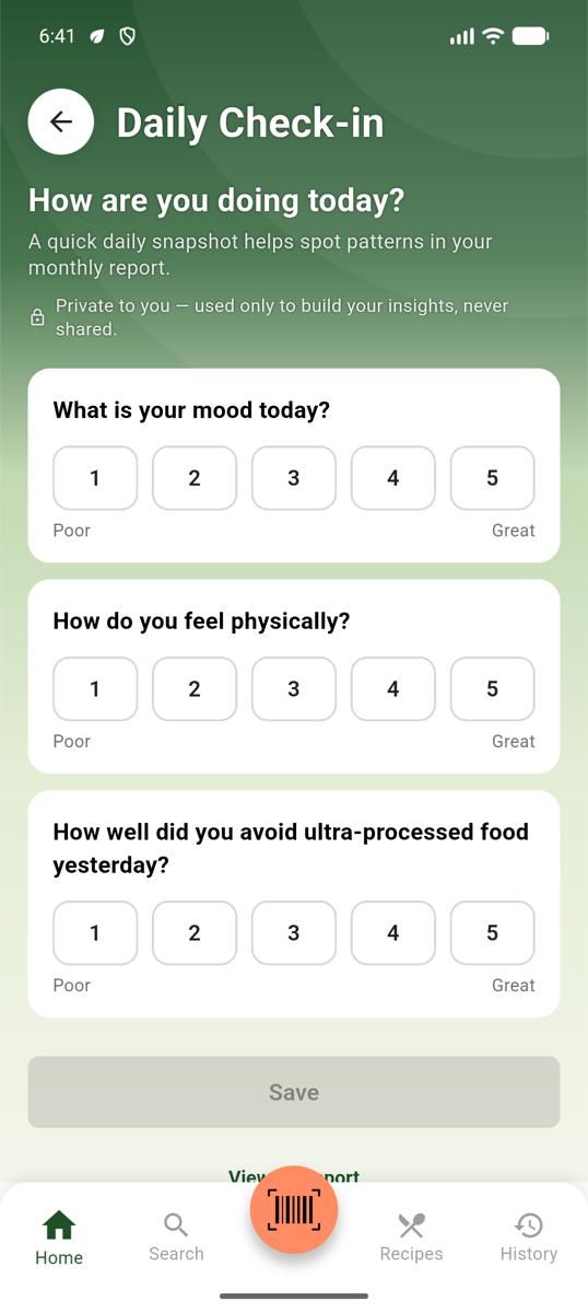 Nomi daily check-in: rate your mood, body and UPF avoidance