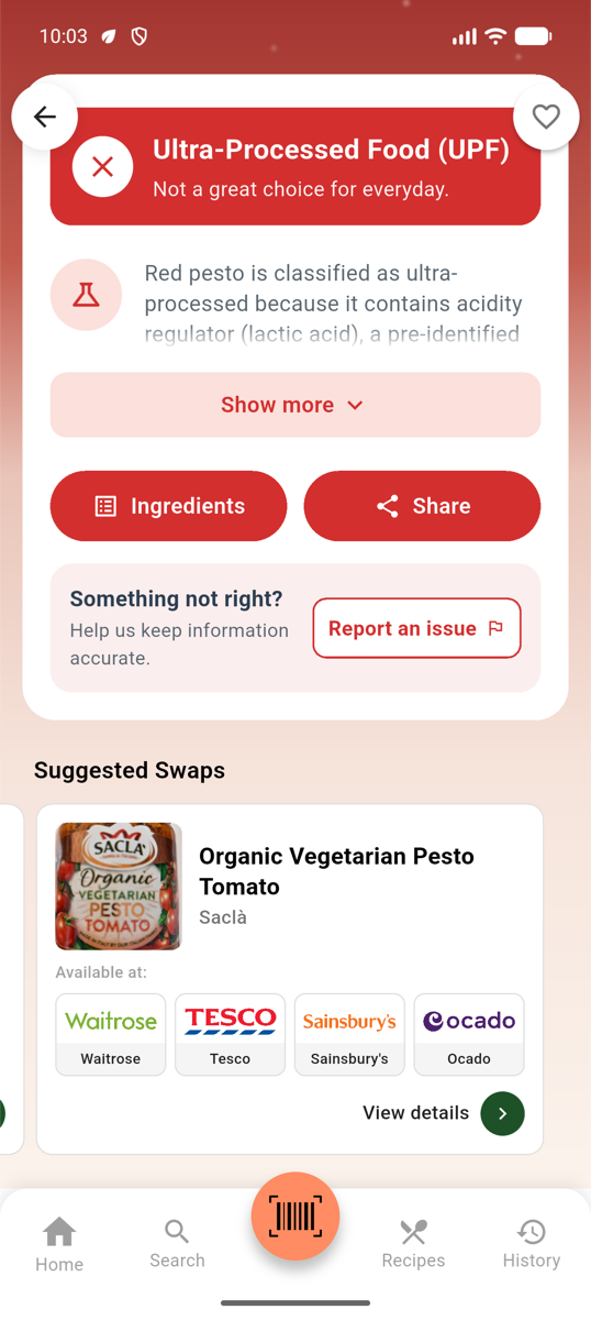 Nomi ultra-processed verdict with a suggested healthier swap